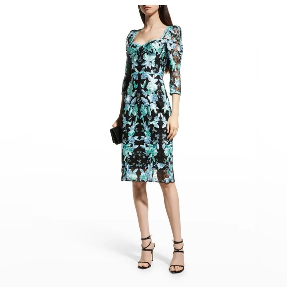 Marchesa Notte blue and black floral-embroidered tulle cocktail dress.